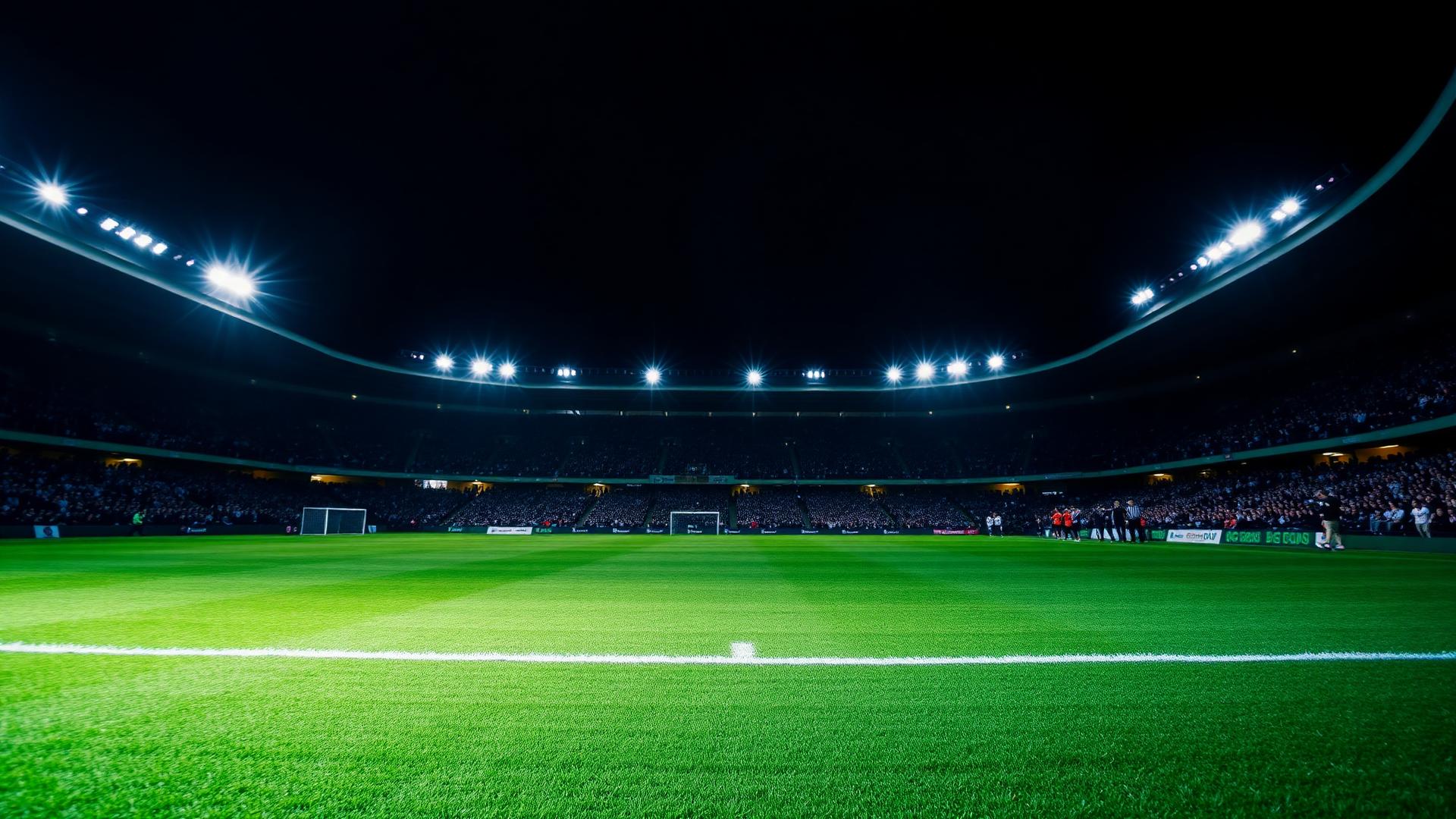 Floodlit soccer stadium on matchday