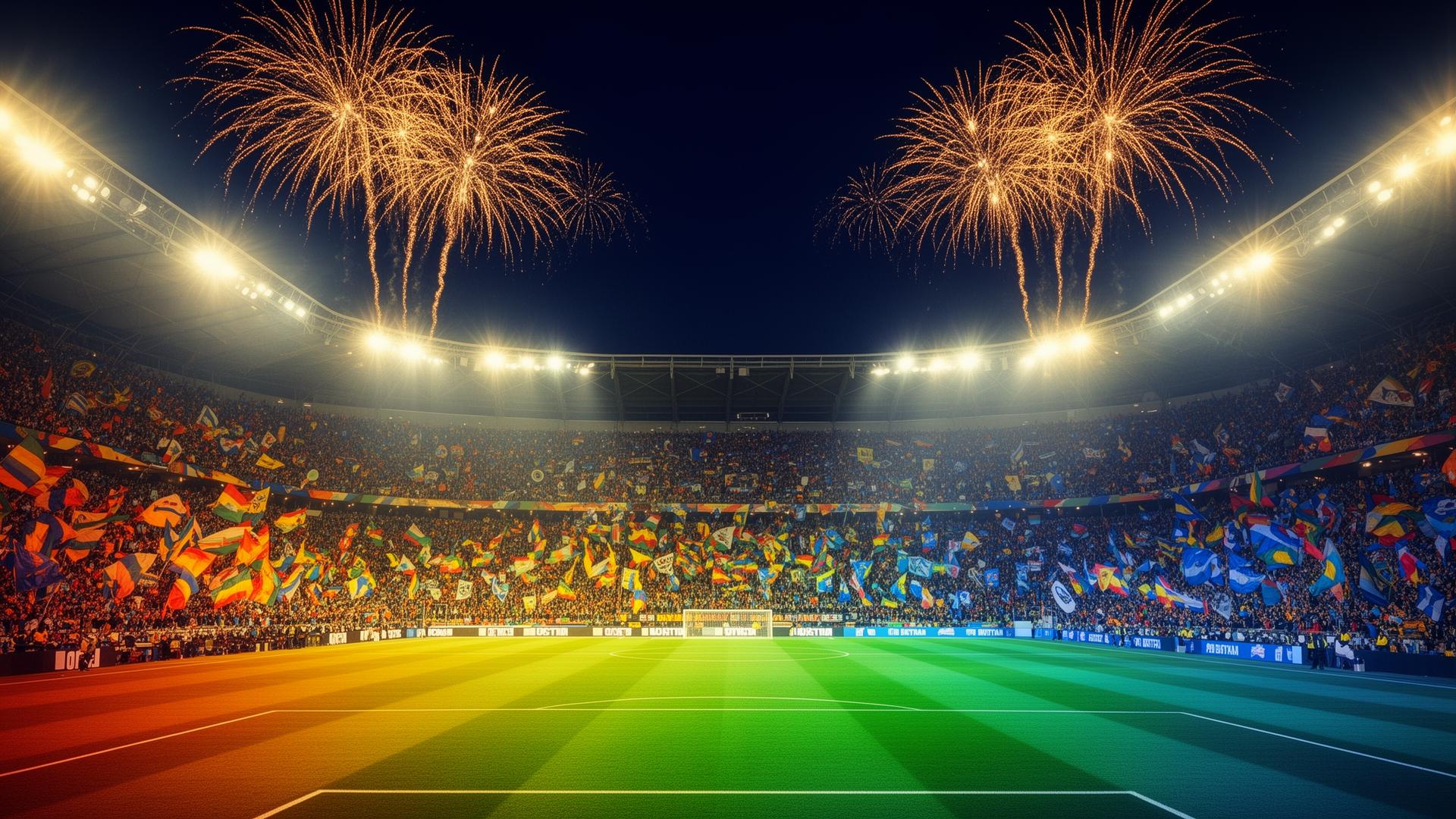 Stadium night with fans and fireworks